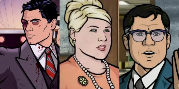 Imagem dividida de Sterling Archer, Pam Poovey e Cyril Figgis