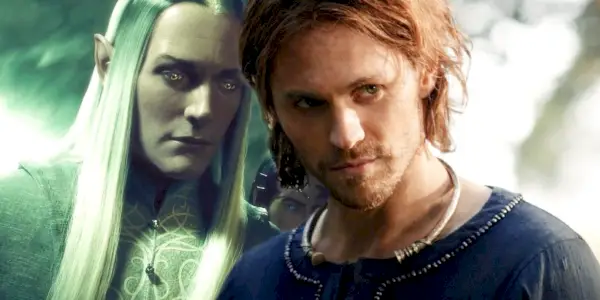 Annatar eller Saurons skjønne form i Shadow of Mordor-spillet til venstre og Charlie Vickers som Halbrand i Ringenes Herre The Rings of Power til høyre.