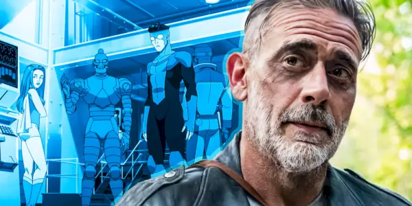 Jeffrey Dean Morgan como Negan em The Walking Dead ao lado de personagens de Invencível