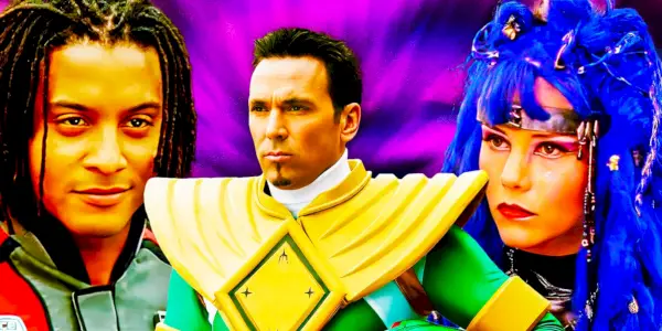 Astronema de Power Rangers in Space, Tommy Oliver sin su casco en el centro y Jack Landors de Power Rangers SPD sin su casco