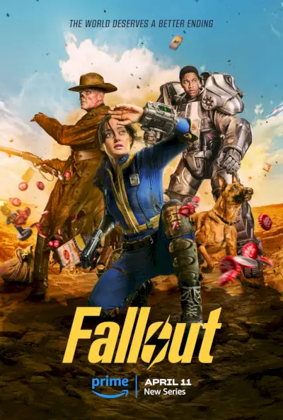 Póster del programa de televisión Fallout que muestra a Lucy, CX404, Ghoul y Maximus frente a una explosión con tapas de botellas voladoras