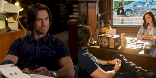 Geteiltes Bild von Jess, die auf einem Stuhl sitzt, und Jess, die mit Rory in Gilmore Girls: A Year In The Life spricht