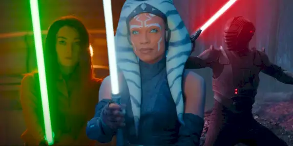 Ahsoka, Sabine et l'Inquisiteur brandissent tous leurs sabres laser du spectacle Ahsoka
