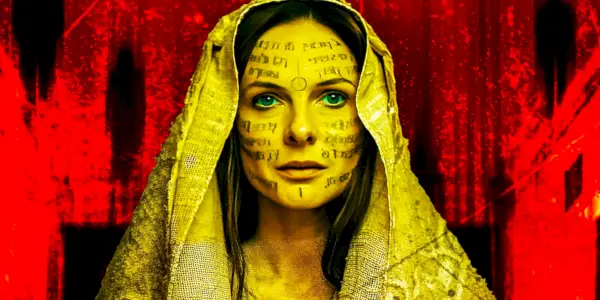 Rebecca Ferguson jako lady Jessica v Dune 2 s červeným pozadím