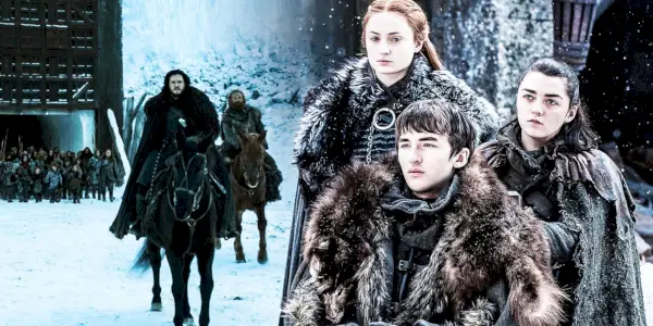 Une image composite des enfants Stark blottis les uns contre les autres dans la neige avec Jon Snow menant une colonne de soldats à travers le mur dans Game of Thrones.