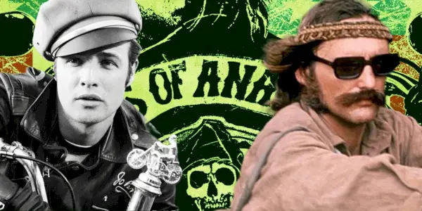 Kolaż przedstawiający The Wild One i Easy Rider z logo Sons of Anarchy w tle.