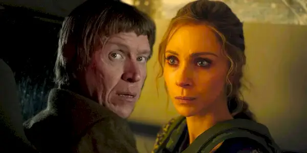 Ole Munch kigger sig over skulderen og Dot ser seriøs ud i Fargo sæson 5.
