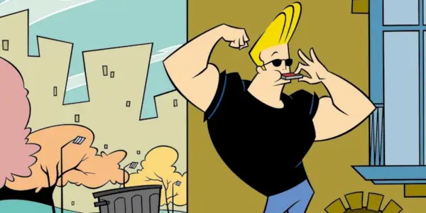 Johnny Bravo bläst eine Mundharmonika