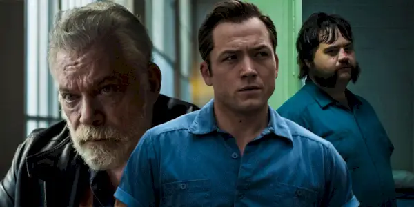 Un collage di Ray Liotta, Taron Egerton e Paul Walter Hauser in Black Bird