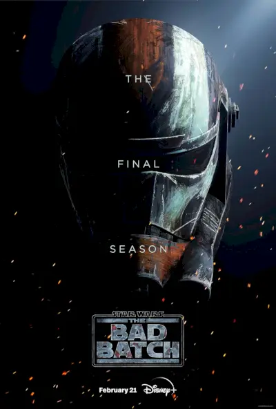 Affiche de la saison 3 de Star Wars The Bad Batch montrant un casque de clone peint endommagé par la bataille