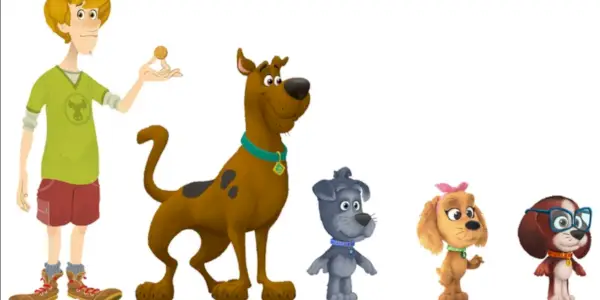 Umění postav Scooby Doo and the Mystery Pups zahrnuje Shaggyho, Scoobyho a tři štěňata