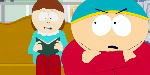 Cartman fica com raiva de sua mãe enquanto ela lê para ele em South Park