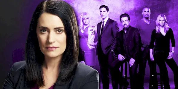Uma imagem mesclada apresenta Emily Prentiss de Criminal Minds em primeiro plano com membros adicionais do elenco de Criminal Minds roxos ao fundo