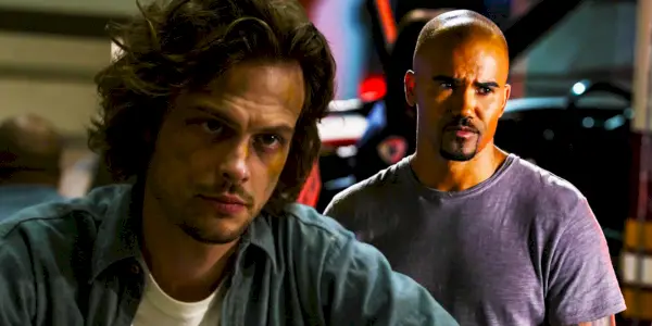 Uma imagem composta de Reid com punhal no rosto imposta a Morgan olhando dramaticamente em Criminal Minds