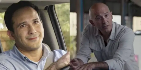 Joe Nieves sitzt im Auto bei „Stuck In The Middle“ neben einem Bild von ihm bei „The Dropout“.