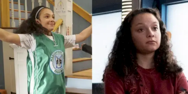 Kayla macht Jumping Jacks in „Stuck in The Middle“ neben einem Bild von ihr in „Speechless“.