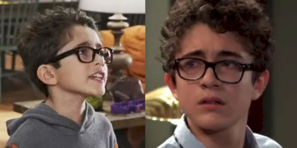 Nicolas Bechtel als Lewis in Stuck in the Middle steht neben einem Bild von ihm im General Hospital