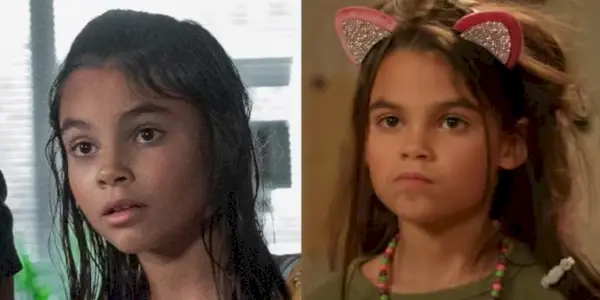 Arianna Greenblatt als Matilda in Awake steht neben einem Bild von ihr als Daphne in Stuck in the Middle