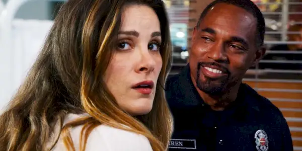 ステーション19で心配そうにしているカリーナ・デ・ルカ役のステファニア・スパンピナートと笑顔のベン・ウォーレン役のジェイソン・ジョージ