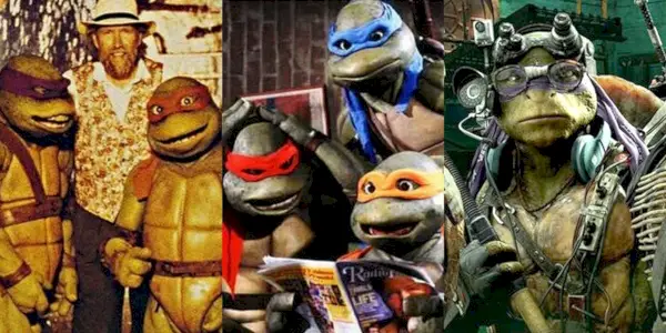 Połączony obraz przedstawia trzy różne przedstawienia Wojowniczych Żółwi Ninja w filmach akcji