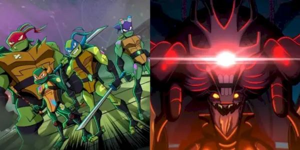 Podzielony obraz przedstawiający tytułowych bohaterów i Kranga z Rise of the Teenage Mutant Ninja Turtles
