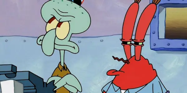 Squidward sa hnevá na pokladňu, keď sa pán Krabs pozerá v SpongeBob SquarePants