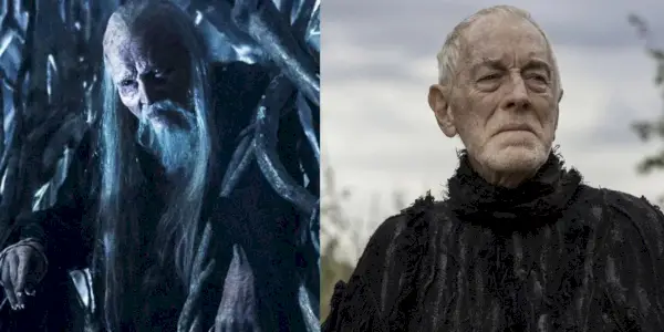 Et delt billede af Struan Erodger og Max Von Sydow som den treøjede ravn i Game of Thrones