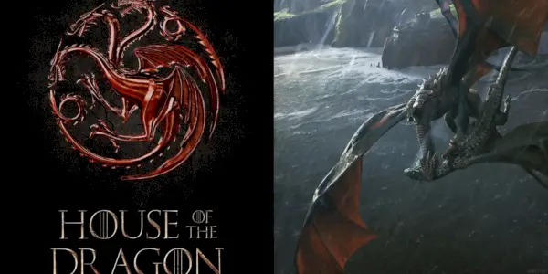 Image divisée montrant l'affiche de House of the Dragon et une représentation de la bataille entre Arrax et Vhagar.