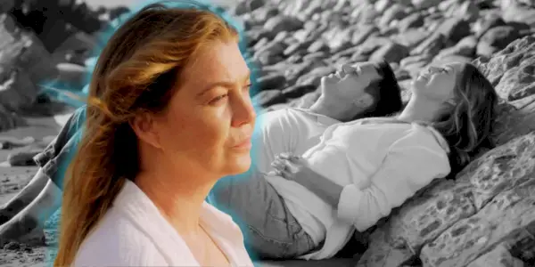 Un'immagine personalizzata mostra Meredith e George sdraiati sulla spiaggia nella sua mente in bianco e nero sullo sfondo con Meredith a colori contemplativa in grigio