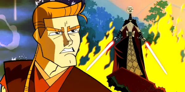 Anakin Skywalker contra Asajj Ventress en la microserie Star Wars: Clone Wars 2D (2003).