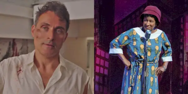 Rozdělený obrázek zobrazující Declana a mámu Mabley ve filmu The Marvelous Mrs. Maisel.