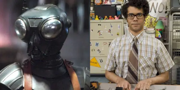 Richard Ayoade como a voz de Q9-0 em The Mandalorian e IT Crowd