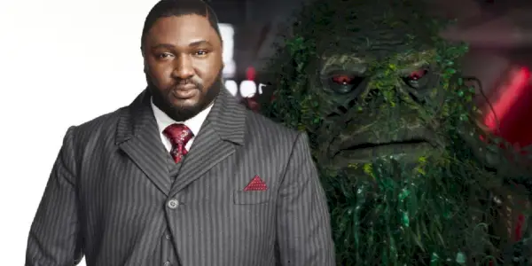 Nonso Anozie ao lado de Gorian Shard da 3ª temporada de The Mandalorian