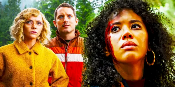 Collage de Misty y Walter mirando con Taissa en primer plano con la cabeza sangrando en la temporada 3-1 de Yellowjackets