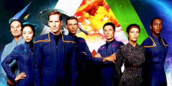 Les acteurs de Star Trek : Enterprise se tiennent devant l'USS Enterprise NC-1701