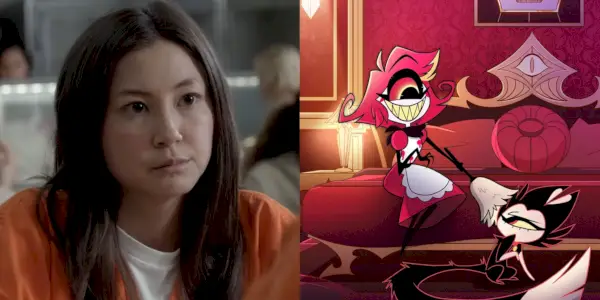 배우 키미코 글렌(Kimiko Glenn)과 해즈빈 호텔(Hazbin Hotel) 애니메이션 캐릭터 니프티(Niffty)가 나란히 있는 이미지