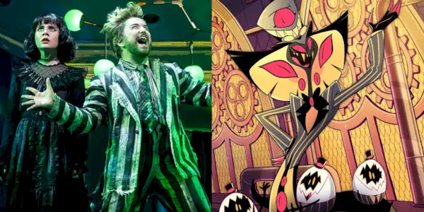 나란히 있는 이미지에는 Hazbin Hotel 애니메이션 캐릭터 Sir Pentious와 함께 브로드웨이에서 Beetlejuice 역을 맡은 배우 Alex Brightman이 등장합니다.