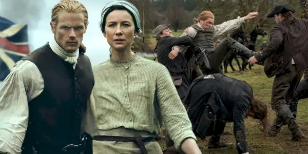 Et billede af Jamie og Claire og mænd, der kæmper i Outlander