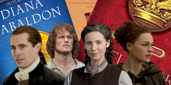 Et sammensat billede af figurer fra Outlander foran bogomslagene