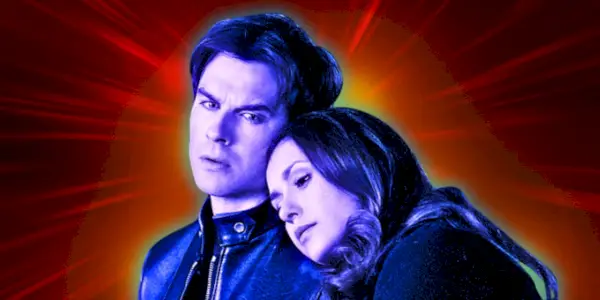 Ian Somerhalder dans le rôle de Damon Salvatore et Nina Dobrev dans le rôle d'Elena Gilbert dans The Vampire Diaries.