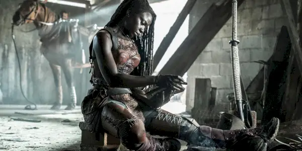 Michonne (Danai Gurira) s denníkom vedľa koňa a jej katanou vo finále The Walking Dead.
