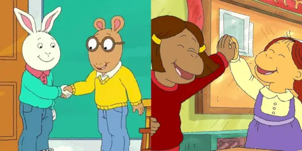 Buster Baxter와 Arthur Read가 악수하는 분할 이미지와 Arthur에서 하이파이브하는 Francine Frensky와 Muffy Crosswire의 이미지