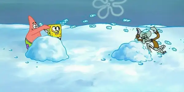 SpongeBob og Patrick i en sneboldkamp med Squidward.