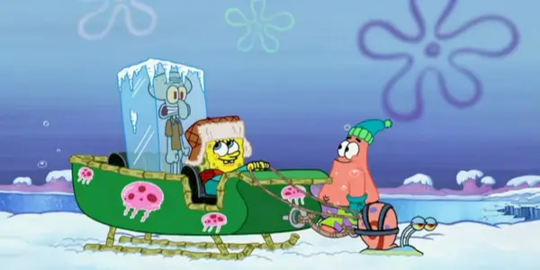 SpongeBob SquarePants, Patrick og Gary trækker en frossen Squiadward i en slæde