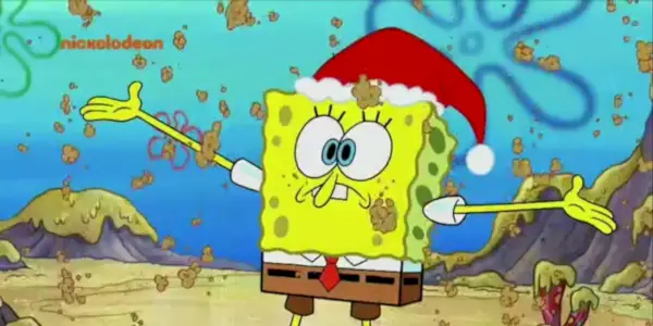 SvampeBob Firkant iført nissehue, omgivet af en ven