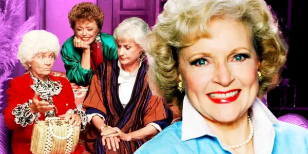 혼합된 이미지에는 Golden Girls의 Sophia, Blanche, Dorothy가 소파에 앉아 있고 전경에 Rose가 클로즈업되어 있습니다.