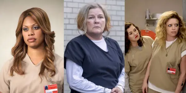 Sophia Bursetová sa pozerá nabok, Červená stojí so spútanými rukami, Nicky sa opiera o stenu, zatiaľ čo Lorna sa na ňu pozerá v Orange is the New Black
