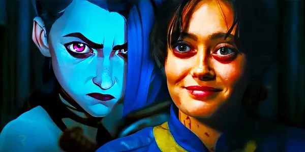 Jinx looking angry in Arcane next to Ella Purnell smiling as Lucy in Fallout