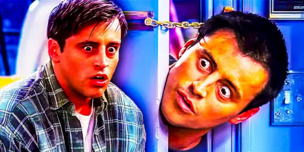 Koláž Joeyho Tribbianiho (Matt LeBlanc), který s vytřeštěnýma očima reaguje na něco ve filmu Přátelé