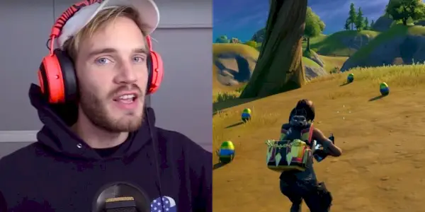 תמונה מפוצלת של PewDiePie מדבר במיקרופון וצילום מסך של שחקן מכוון אקדח בפורטנייט.